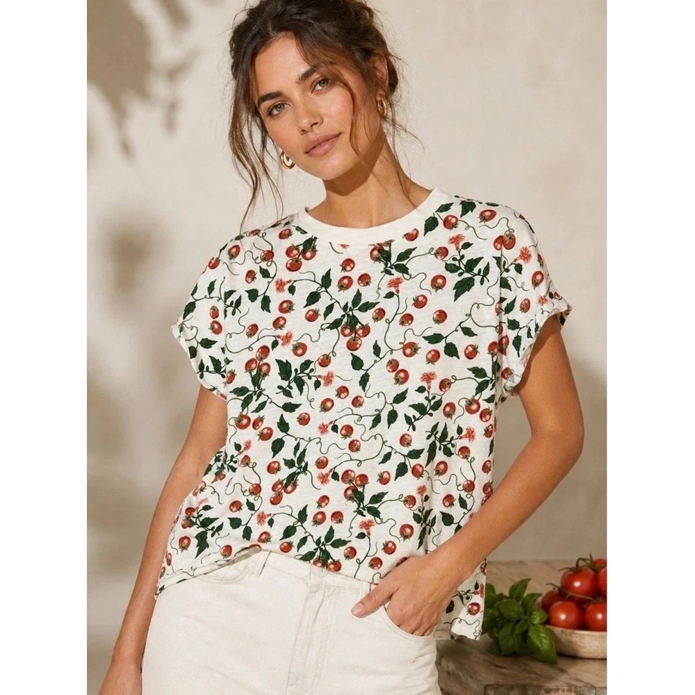 Maeve by Anthropologie White Cherry Tomatoes Vine Short Sleeve Crop Top tee MD
